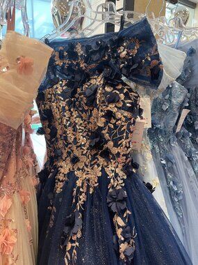 Navy Blue Glitter Ball Gown 3D Floral Sequin Evening Dress Quinceañera Prom Gala